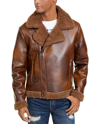 GUESS Men's Liberty Faux Leather Motorcycle Jacket with Sherpa Trim ...