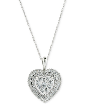 image of Diamond Cluster Baguette Halo Heart Adjustable Pendant Necklace (1 ct. t.w.) in 14k White Gold