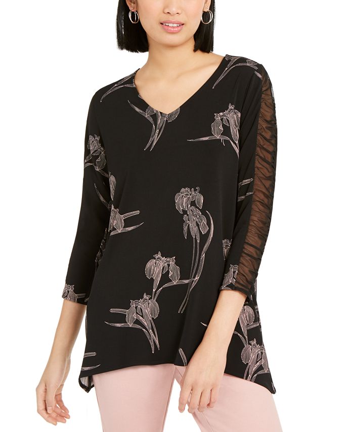 Alfani Floral-Print Ruched-Sleeve Top, Created for Macy's - Macy's