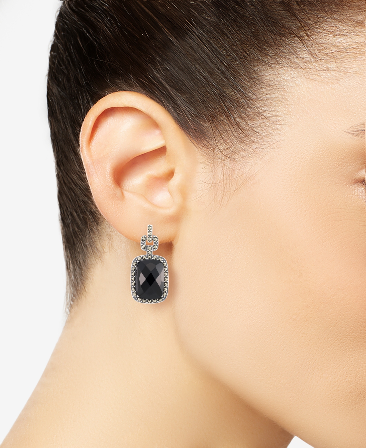 Marcasite and FacetedSquare Post Earrings in Sterling Silver - Onyx