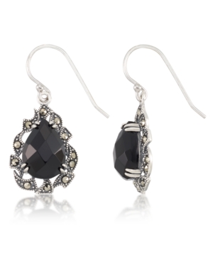 image of Marcasite and Faceted Onyx Teardrop Wire Earrings in Sterling Silver