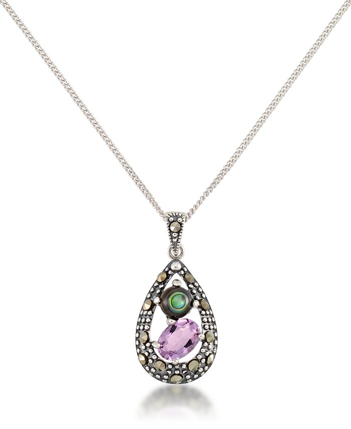 Macy's - Marcasite, Amethyst (7/8 ct. t.w.) and Abalone (1-1/2 ct. t.w.) Teardrop Pendant+18" Chain in Sterling Silver