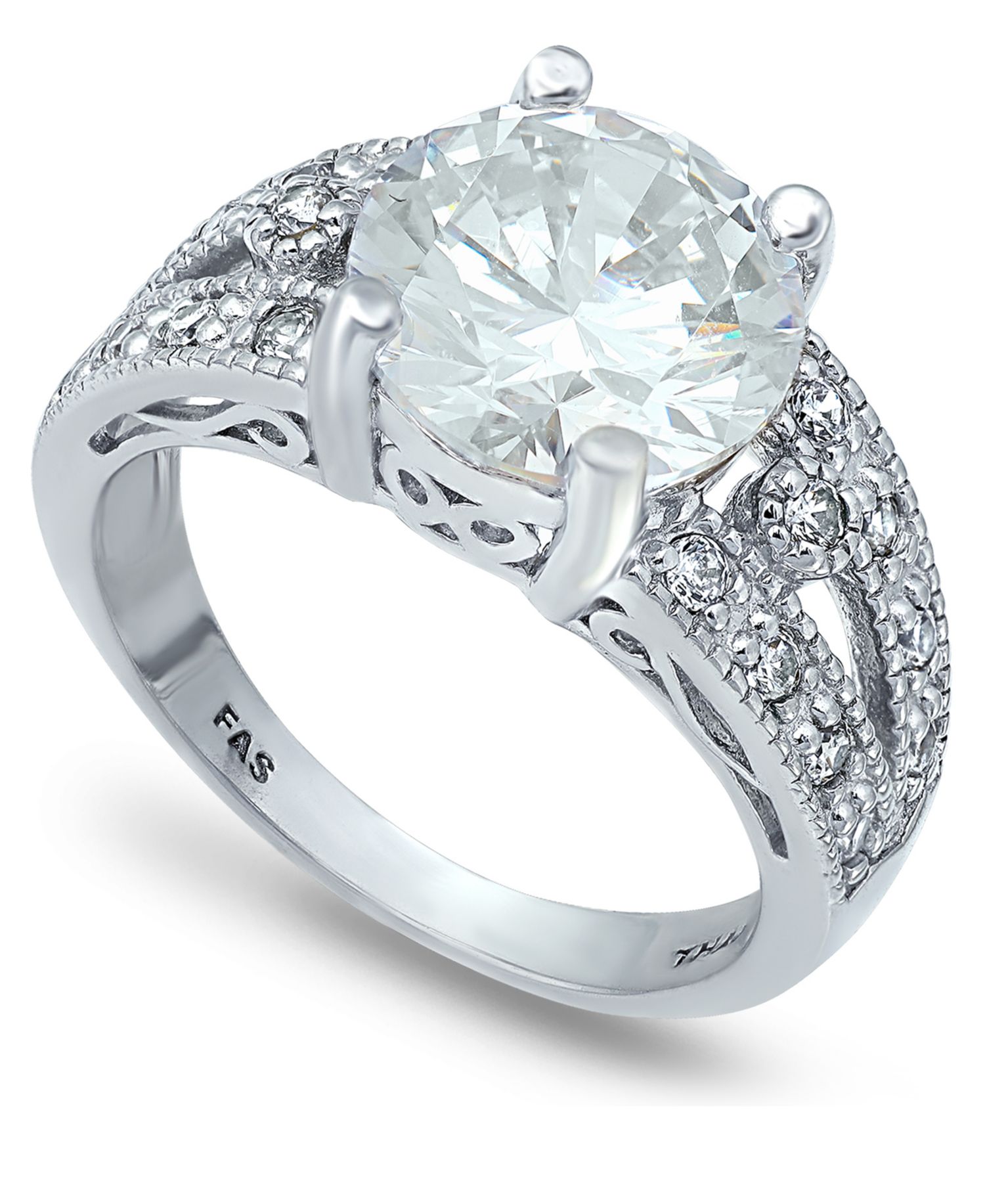 Cubic Zirconia Round Center Stone Split Shank Ring in Silver Plate