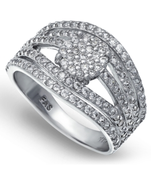 image of Cubic Zirconia Pave Multi Row Ring with Disc Center in Fine Silver Plate