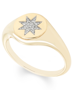 image of Diamond Accent Starburst Signet Ring in 14K Yellow or Rose Gold