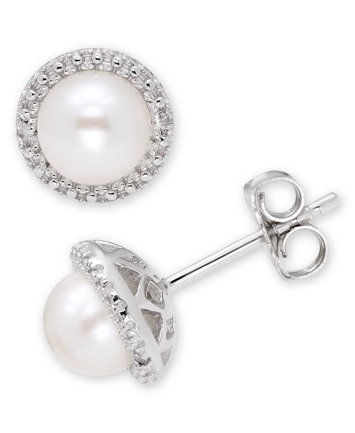 Macy's - Cultured Freshwater Pearl (6 mm) Diamond Accent Earrings in Sterling Silver