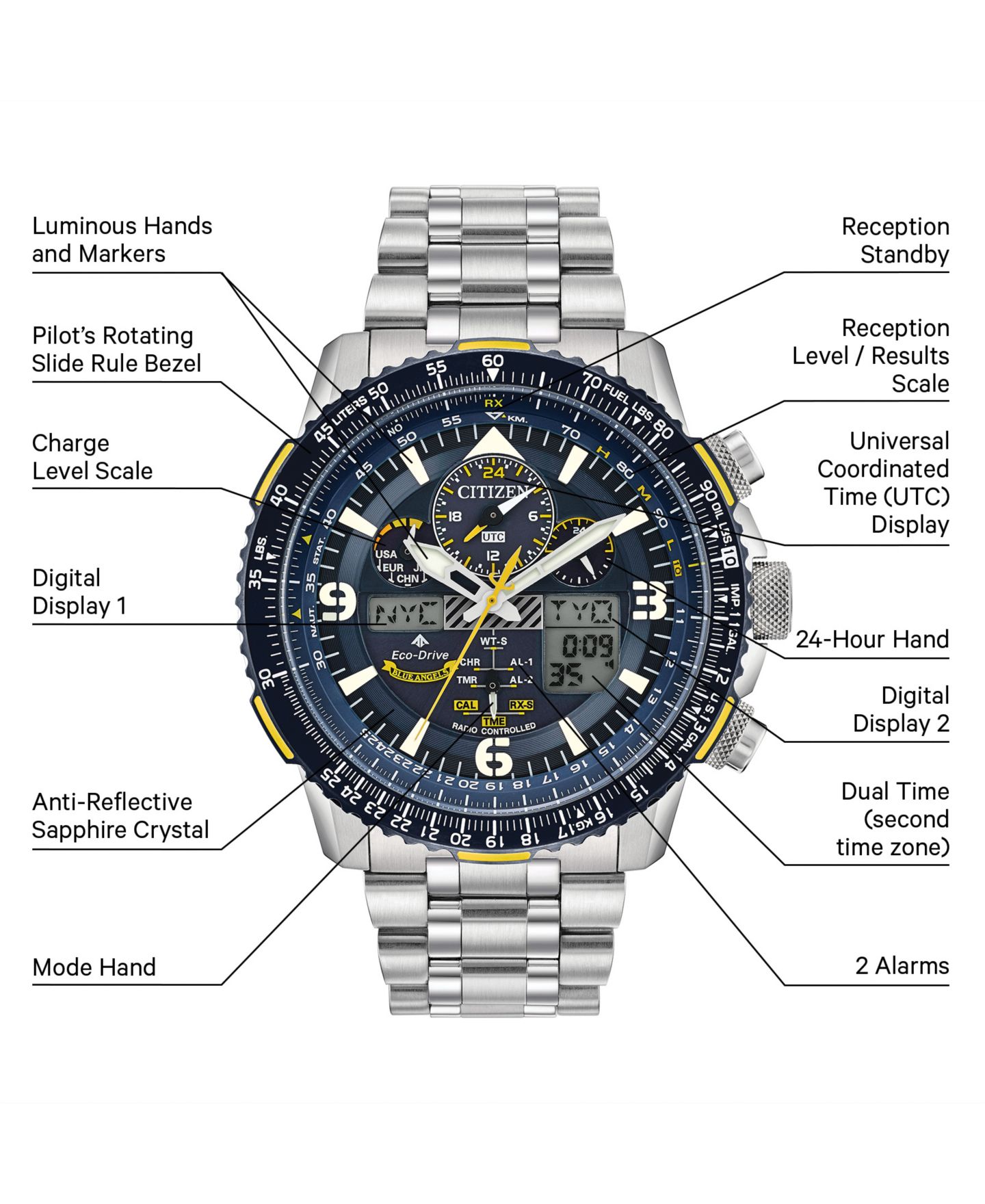 Мужские часы Citizen Eco-Drive Analog-Digital Promaster Blue Angels Skyhawk A-T Stainless Steel Bracelet Watch 46mm — фото 11