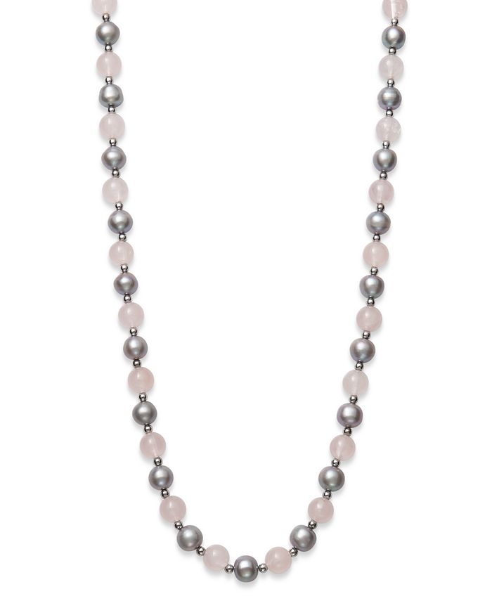Macy's - Gray Cultured Freshwater Pearl 7.5-8.5mm and Rose Quartz 8mm 18" Necklace with Sterling Silver Beads