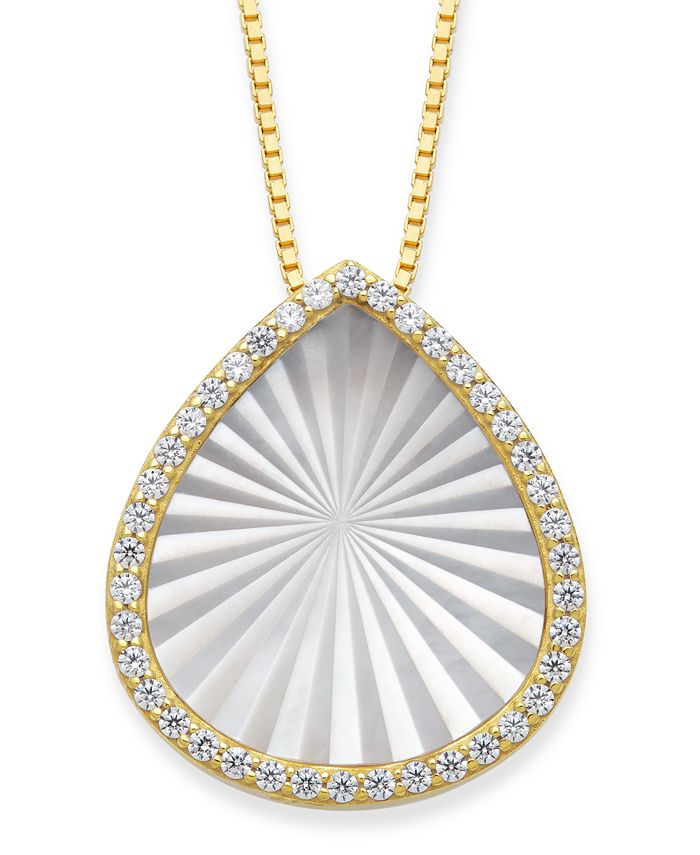 Macy's - Mother of Pearl 15x13mm and Cubic Zirconia Pear Shaped Pendant with 18" Chain in Gold over Silver