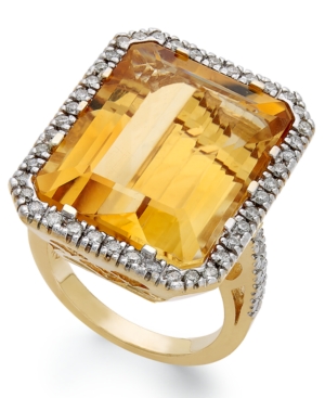 image of 14k Gold Ring, Citrine (22 ct. t.w.) and Diamond (1/2 ct. t.w.) Rectangle Ring