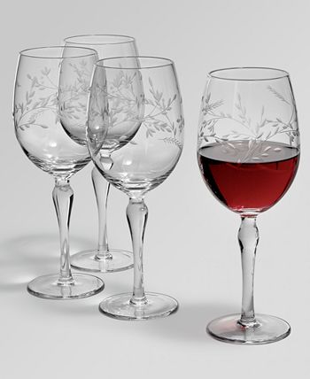 Set of Six Vintage Elegant Wine Glasses with Etched Floral Motif