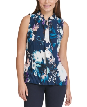 image of Dkny Floral Tie-Neck Pleated Top