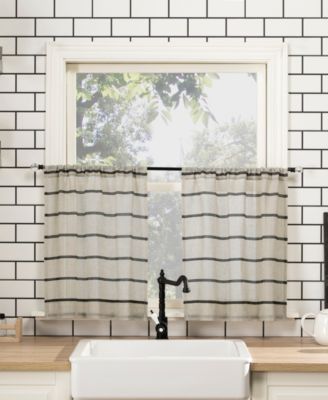 Twill Stripe Anti-Dust Linen Blend Sheer Cafe Curtain Pair