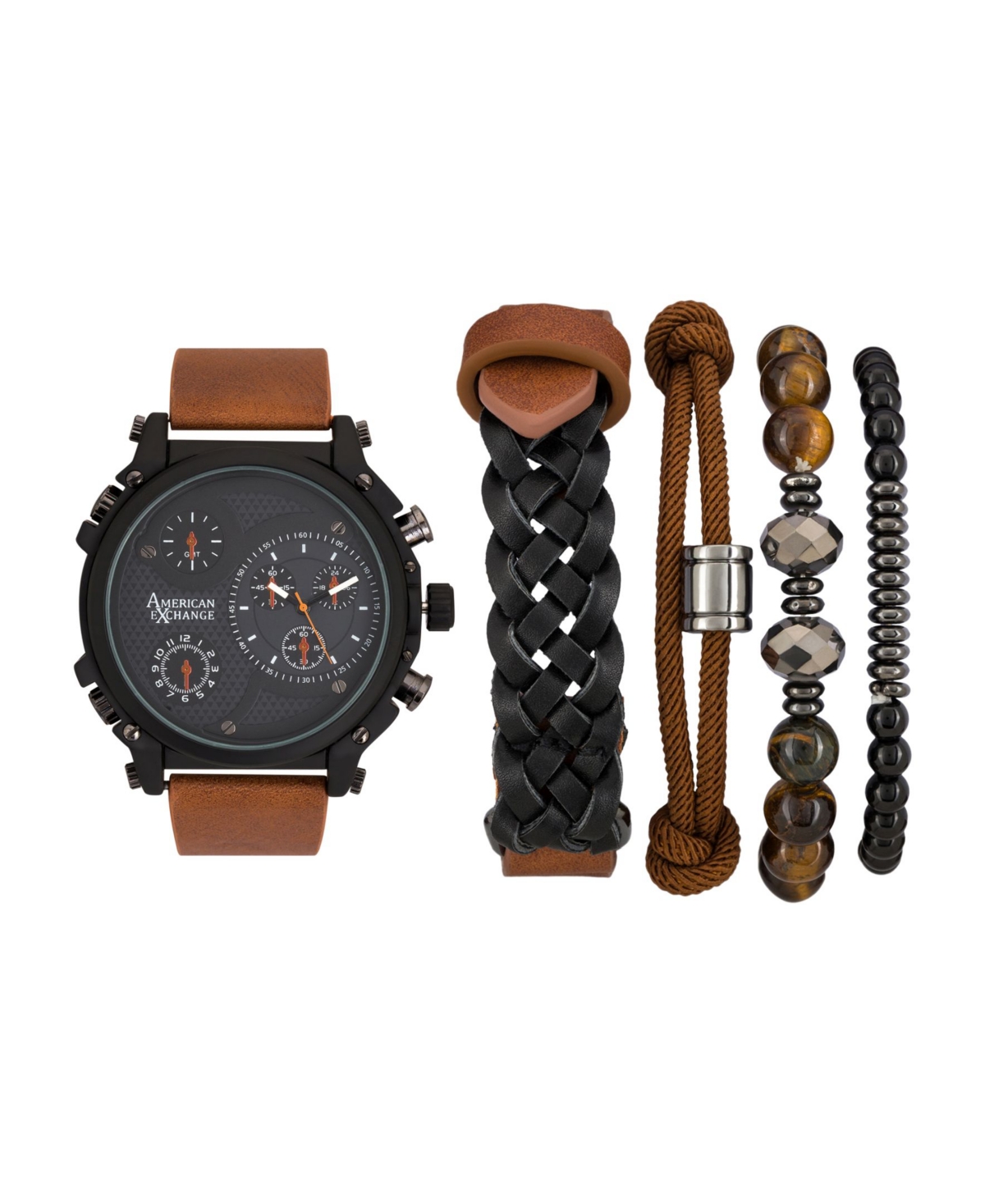 Men's Quartz Dial Brown Leather Strap Watch, 48mm and Assorted Stackable Bracelets Gift Set, Set of 5 - Brown