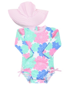 image of Rufflebutts Toddler Girl-s Long Sleeve Rash Guard Swimsuit Swim Hat Set