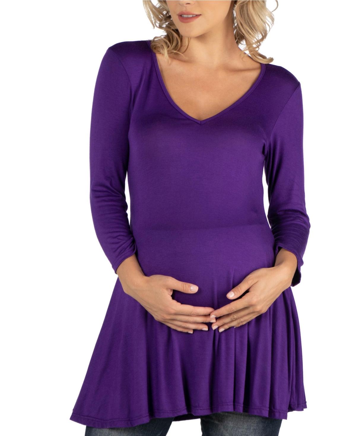  24Seven Comfort Apparel Three Quarter Sleeve V-Neck Maternity Tunic Top