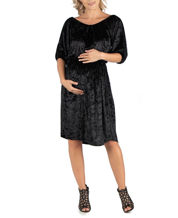 24seven Comfort Apparel Off Shoulder Knee Length Black Velvet Maternity