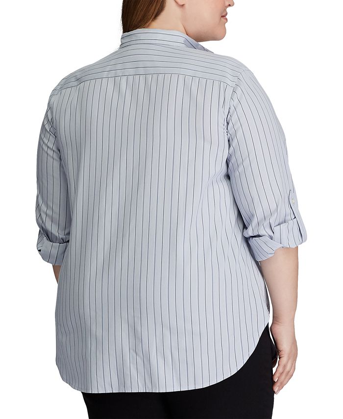 Lauren Ralph Lauren Plus Size Striped Roll-Tab-Sleeve Shirt - Macy's