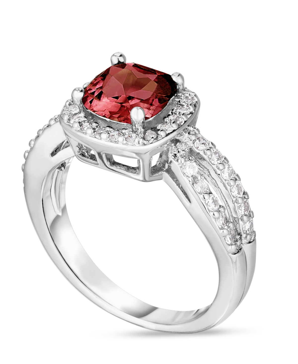 Macy's Simulated Birthstone Cushion Cubic Zirconia Halo Solitaire Ring In Silver Plate In January,simulated Garnet