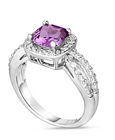 Simulated Birthstone Cushion Cubic Zirconia Halo Solitaire Ring in Silver Plate