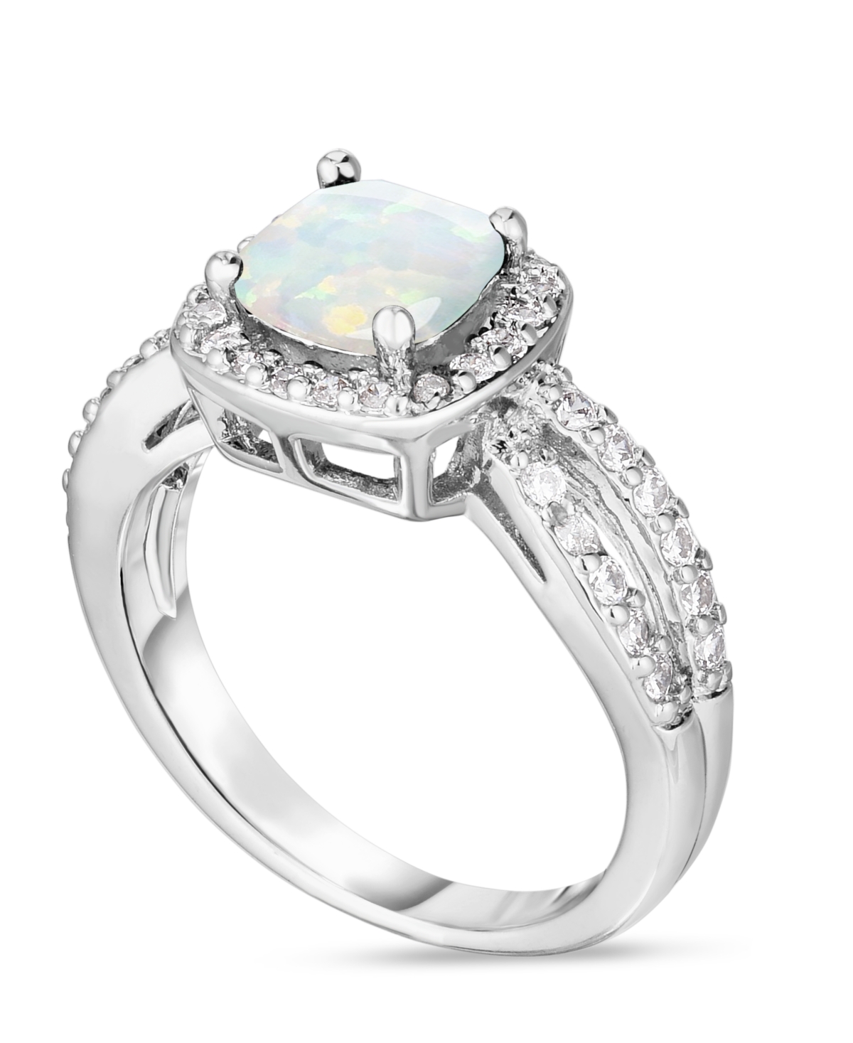 Macy's Simulated Birthstone Cushion Cubic Zirconia Halo Solitaire Ring In Silver Plate In October,simulated Opal