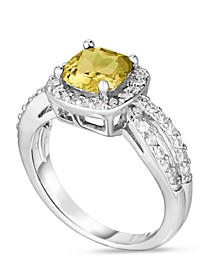 Simulated Birthstone Cushion Cubic Zirconia Halo Solitaire Ring in Silver Plate