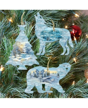 Designocracy Christmas Winter Wooden Ornaments Christmas Tree Polar Bear Wolf, Set Of 3 In Multi