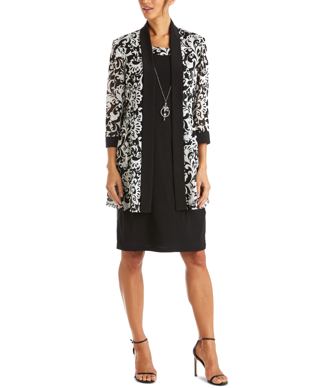 R & M Richards Petite Dress & Mesh Jacket In Black,white