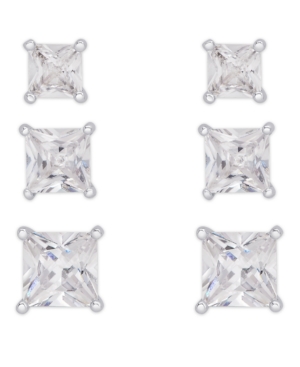 image of Cubic Zirconia 3-Pc. Set Graduated Round Stud Earrings in Fine Silver Plate