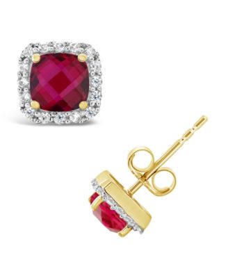 Macy's - Lab Grown Gemstone and Lab Grown White Sapphire (1/5 ct. t.w.) Halo Stud Earrings in 10k Yellow Gold