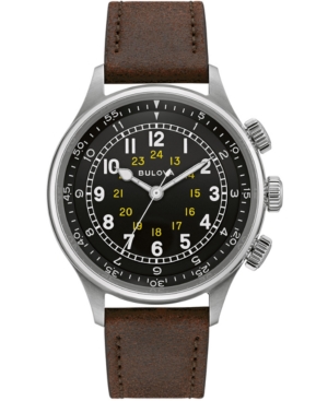 BULOVA MEN'S AUTOMATIC MILITARY BROWN LEATHER STRAP WATCH 42MM