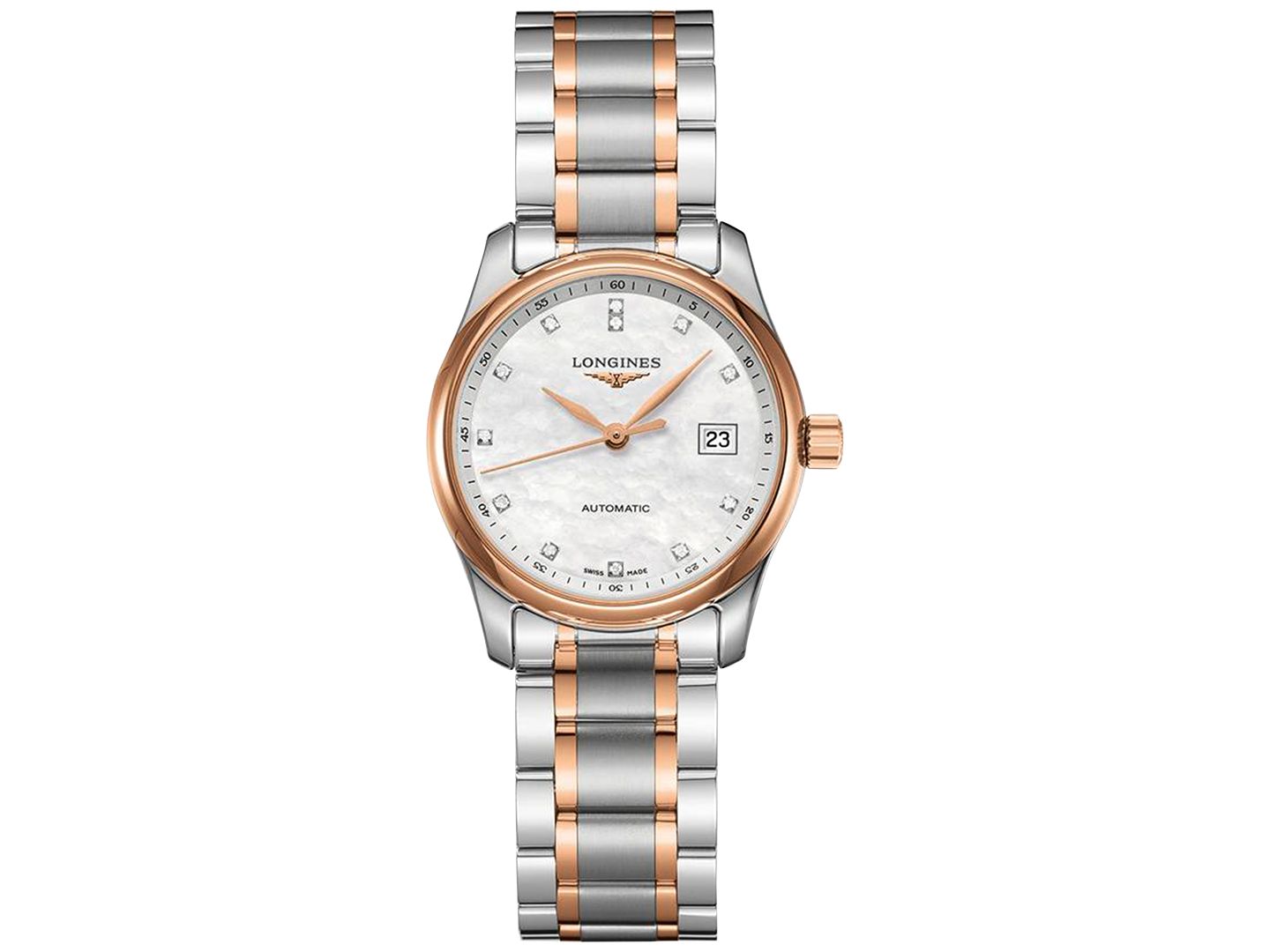 Женские часы Longines Swiss Automatic Master Diamond (1/20 ct. t.w.) 18k Rose Gold & Stainless Steel Bracelet Watch 29mm — фото 1