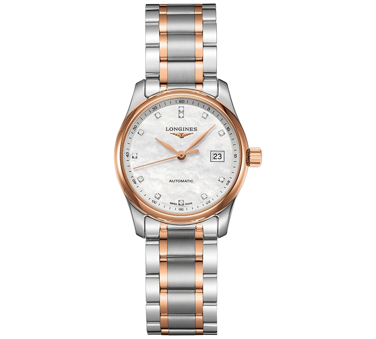 Shop Longines Women's Swiss Automatic Master Diamond (1/20 Ct. T.w.) 18k Rose Gold & Stainless Steel Bracelet Watc In No Color