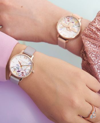 Olivia Burton - Women's Enchanted Garden Gray Lilac Leather Strap Watch 30mm