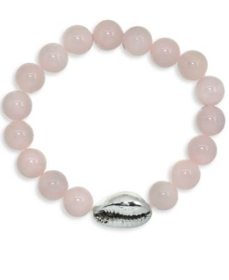 Genuine Stone Bead Puka Cowrie Shell Stretch Bracelet in Silver Plate or Gold Plate