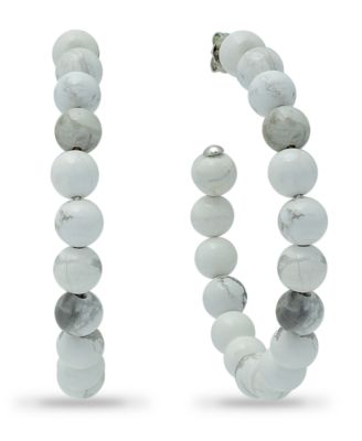 Genuine Stone Bead Hoops in Silver Plate, 1 3/4"