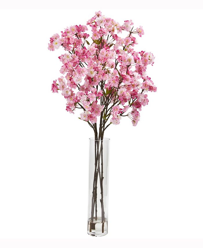 Nearly Natural - 37in. Cherry Blossom Artificial Arrangement in Glass Vase