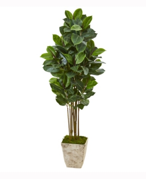 Nearly Natural 63in. Rubber Leaf Artificial Tree In Country White Planter In Green