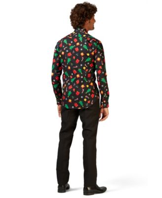 Men's Christmas Shirt - Festive Holiday Icons Button Up Dress Shirt - Slim Fit - Black - Long sleeve