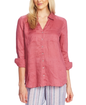 VINCE CAMUTO BUTTON-FRONT ROLL-TAB-SLEEVE LINEN TOP