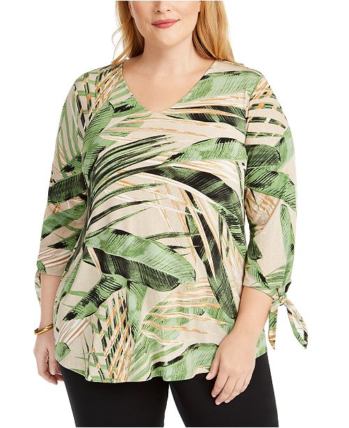 Alfani Plus Size Tropical Print Tie Sleeve Top Created For Macy S