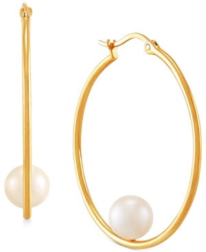 image of Cultured Freshwater Pearl (7mm) Hoop Earrings in 14k Gold-Plated Sterling Silver
