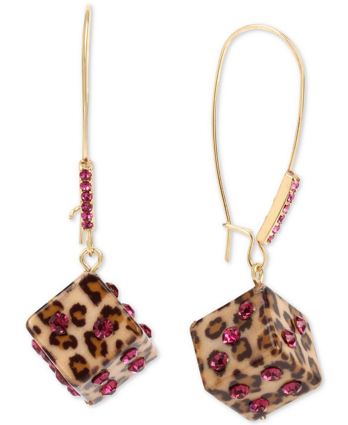 Betsey Johnson Gold Tone Pav Leopard Print Dice Drop Earrings