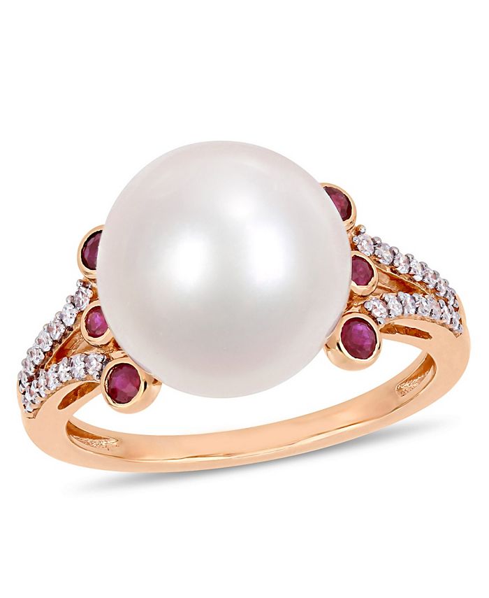 Macy's - Freshwater Cultured Pearl (11-12mm), Ruby (1/5 ct. t.w.) and Diamond (1/7 ct. t.w.) Split Shank Ring in 10k Rose Gold