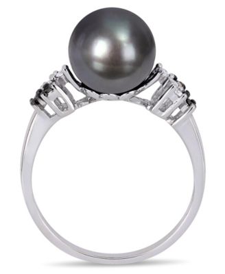 Tahitian Cultured Pearl (9-9.5mm) and Black White Diamond (1/8 ct. t.w.) Ring in 10k White Gold