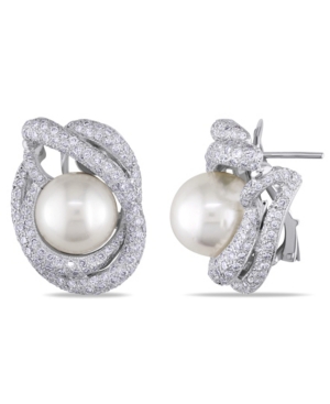 image of South Sea Cultured Pearl (11.5-12mm) and Diamond (4 1/3 ct. t.w.) Swirl Halo Stud Earrings in 18k White Gold