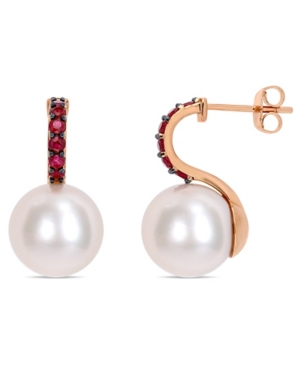 image of Freshwater Cultured Pearl (11-12mm) and Ruby (1/2 ct. t.w.) Drop Earrings in 10k Rose Gold