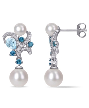 image of Freshwater Cultured Pearl, Blue Topaz (1 1/6 ct. t.w.) and Diamond (1/5 ct. t.w.) Diamond Vintage Earrings in 10k White Gold