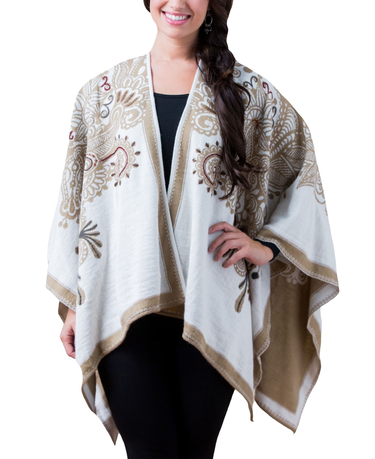 Women's Embroidered Alpaca Reversible Kimono - Camel