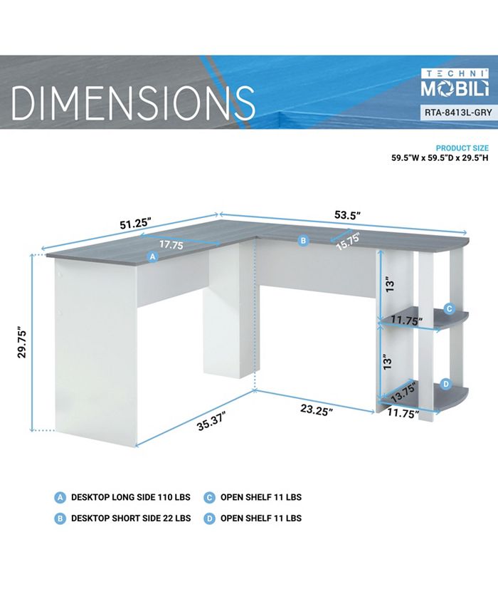 RTA Products Techni Mobili Modern L-Shaped Desk w/ Side Shelves - Macy's